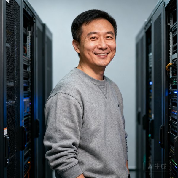 首席技术官李明侧身微笑半身照，身穿灰色卫衣，站在服务器机柜前，展现技术人的沉稳与亲和力