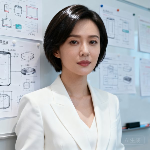 产品副总裁王雨婷干练职业照，短发出镜，身着白色西装外套，背后是产品原型设计的白板墙