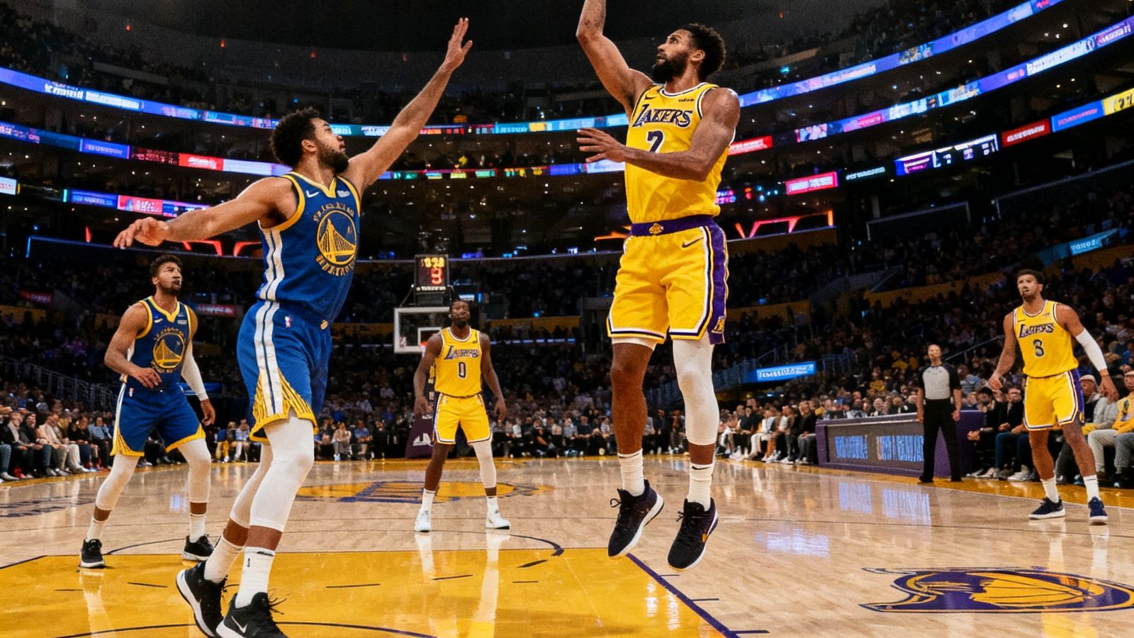 NBA常规赛湖人队对阵勇士队的高清直播截图，球员在禁区内跳投，场馆灯光璀璨，地板反光清晰可见